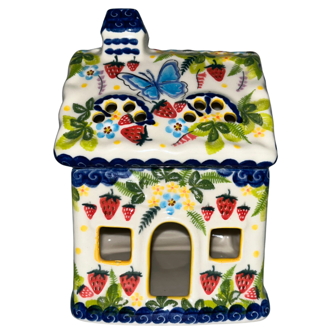 Ceramika Kalich Pattern 1085 Summer Strawberries Polish pottery with hand-painted strawberries, blossoms, and butterfly. Authentic Bolesławiec stoneware, dishwasher, microwave, and oven safe.