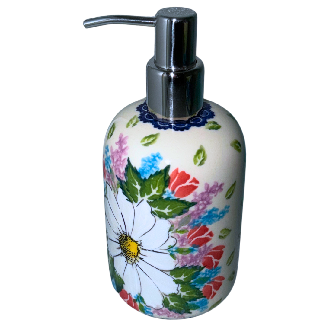 Ceramika Kalich Polish Pottery soap dispenser with hand-painted white, red, blue and lavender garden flowers, handcrafted in Bolesławiec Poland.4-0642 SOAP PUMP 1.png
