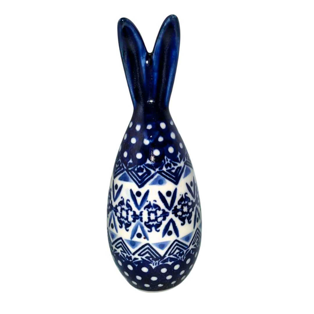 5.75" Polish pottery bunny by Kaola, hand-painted in cobalt patterns, signed PP 2024. Glossy, durable, collectible ceramic figurine.