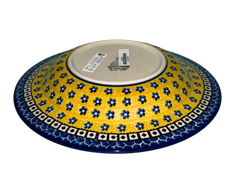 Ceramika Artystyczna Pattern 859X Sunburst Polish pottery featuring golden yellow and cobalt blue floral design. Handmade stoneware, dishwasher and microwave safe.