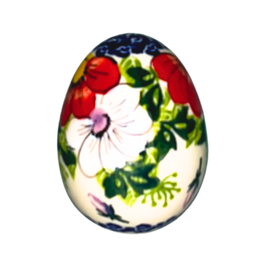 Kalich Polish Pottery Pattern 730 Red Poppy Garden, hand-painted red floral design with green foliage and cobalt accents, Bolesławiec stoneware, durable, dishwasher and microwave safe.