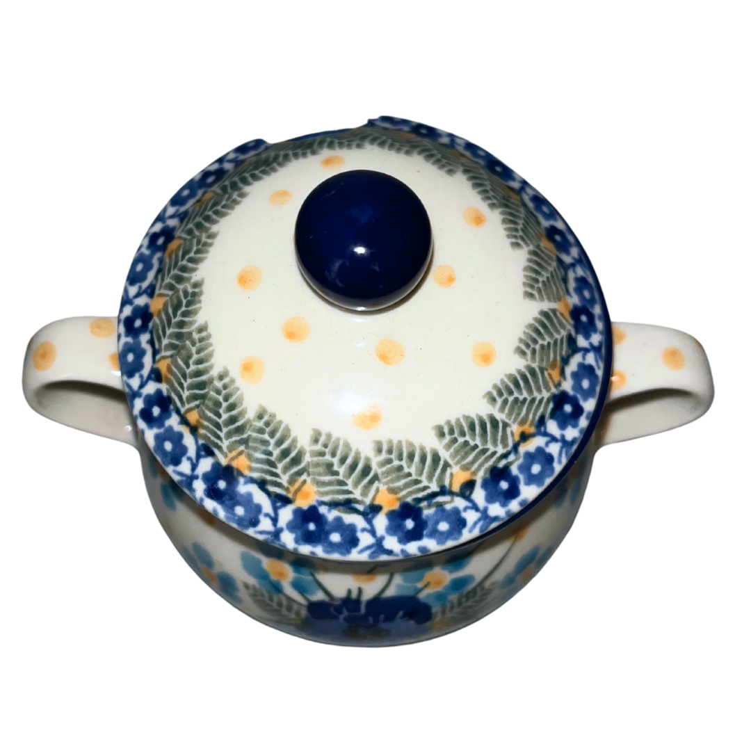 Ceramika Artystyczna Polish Pottery 2276x Blue Dreams pattern, soft blue floral with fern accents and cobalt border, hand-painted Bolesławiec stoneware, elegant and serene design.