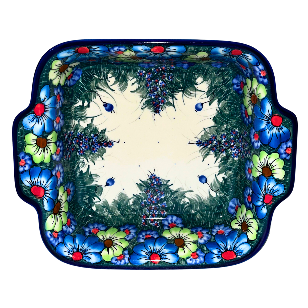 KALICH Polish Pottery 9 inch Square Lasagna Baker with Tab Handles Wildflowers Colors 127/5