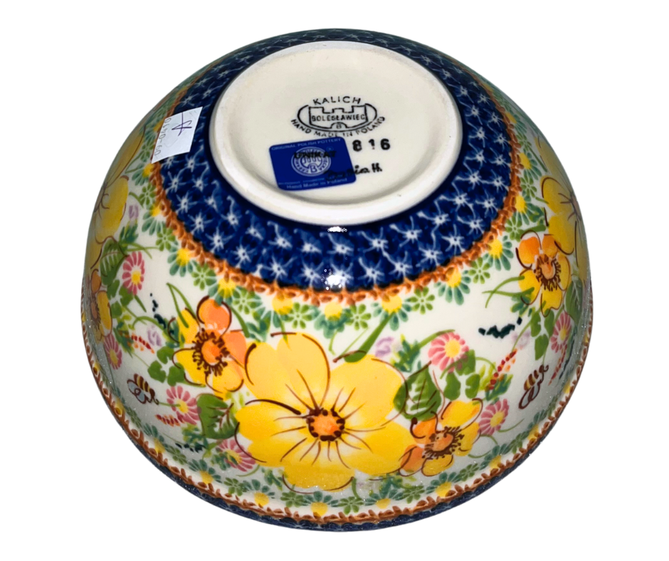 Kalich Polish Pottery 816 Golden Blossom Bee with yellow-apricot flowers, bee accents, and green foliage, framed by cobalt rim and detailed borders; hand-painted warm floral garden design.
