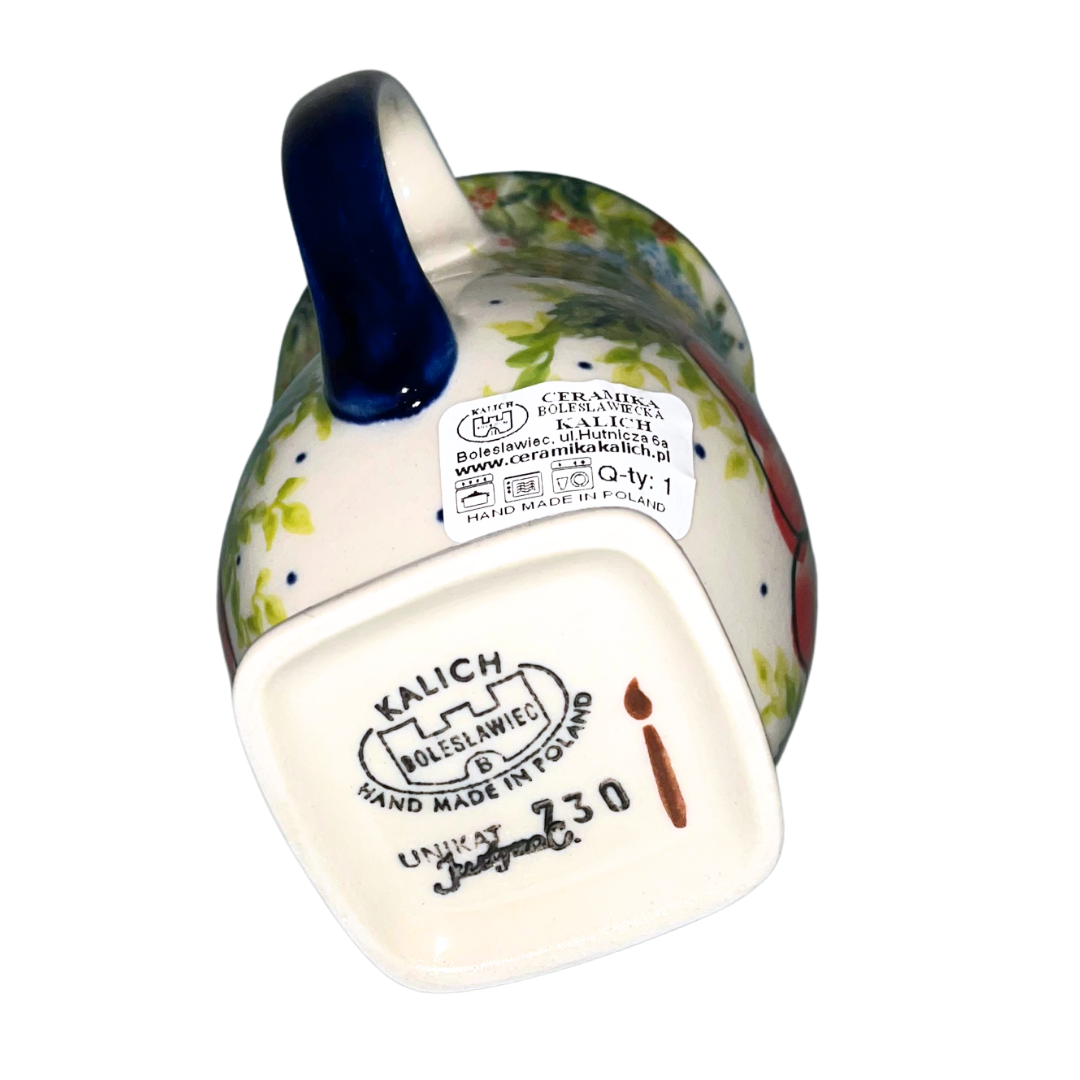 Kalich Polish Pottery Pattern 730 Red Poppy Garden, hand-painted red floral design with green foliage and cobalt accents, Bolesławiec stoneware, durable, dishwasher and microwave safe.