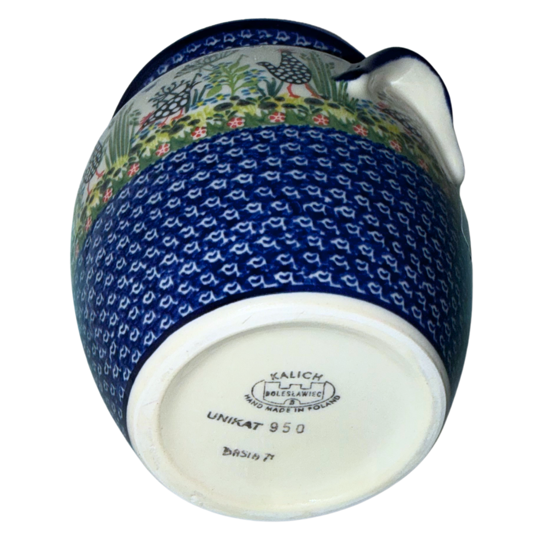Ceramika Kalich Pattern 950 Polka Chicken Polish pottery with hand-painted hens and floral garden design.