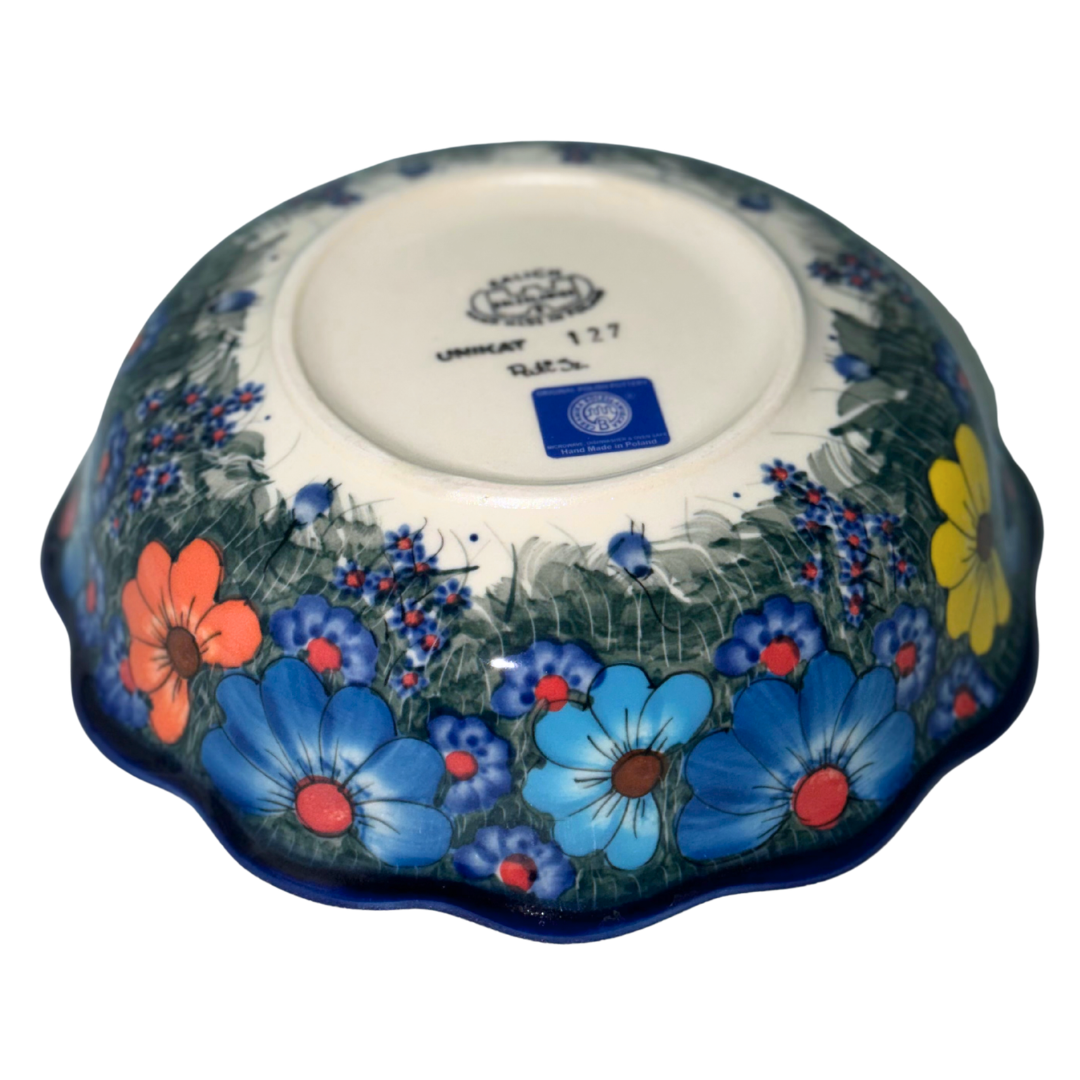 Ceramika Kalich Pattern 127 Wildflowers Polish pottery with hand-painted colorful flowers and greenery. Authentic Bolesławiec stoneware, durable, dishwasher, microwave, and oven safe.