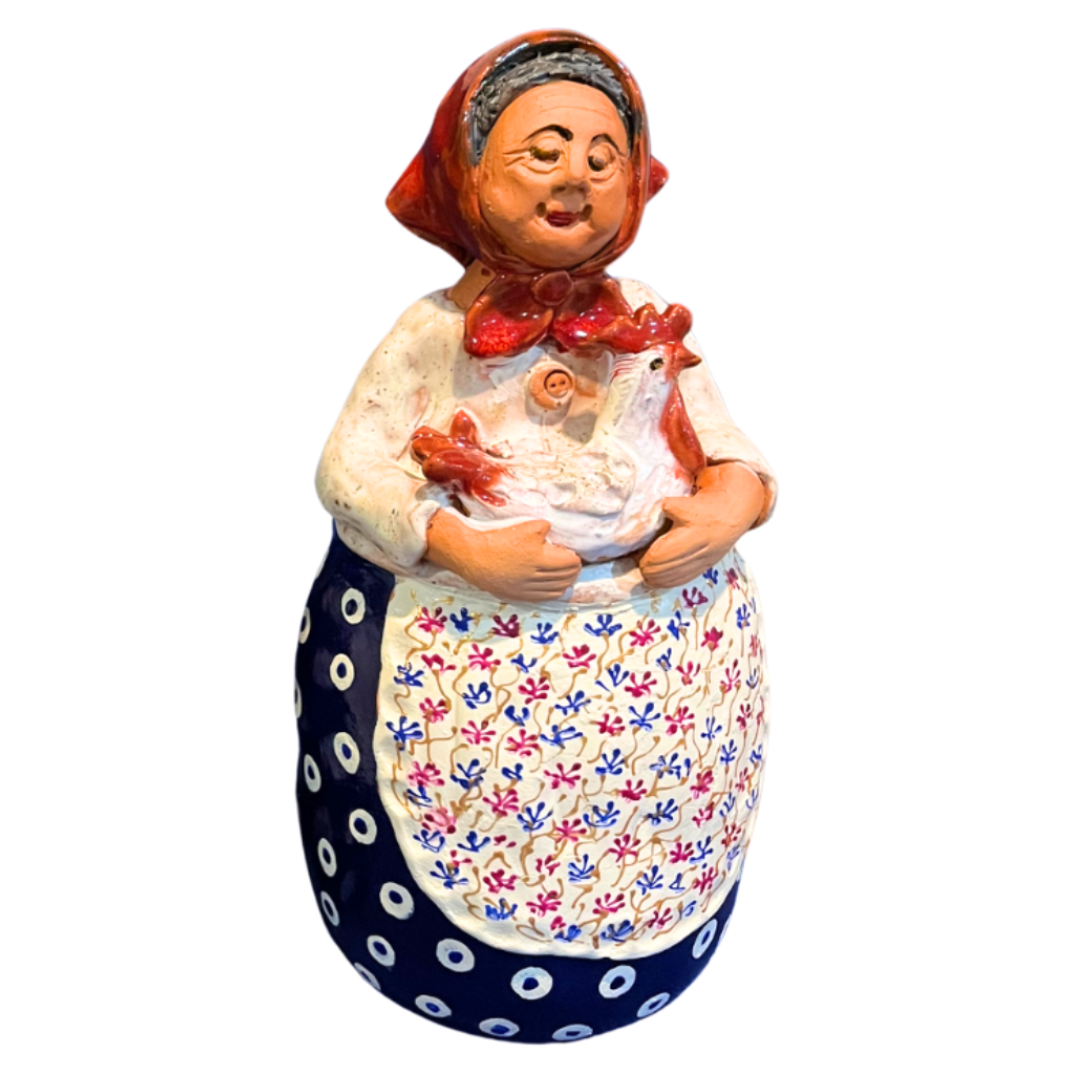 Hand-painted folk art babcia grannie figurine holding a rooster