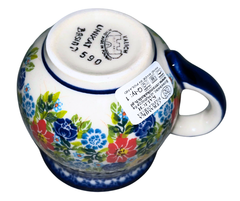 Mom Polish Pottery Mug – 10 oz | Kalich Pattern 590 Hand-painted Mom mug by Ceramika Kalich in vibrant pattern 590. Handmade in Bolesławiec, Poland. Dishwasher & microwave safe.