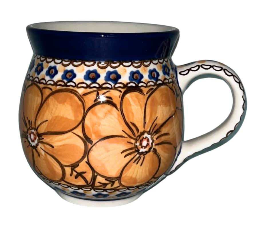 Hand-painted Ceramika Artystyczna Unikat 11 oz Bubble Mug in U408B Marigold Dreams by Jacek Chyła. Authentic Polish pottery from Bolesławiec, oven and dishwasher safe.