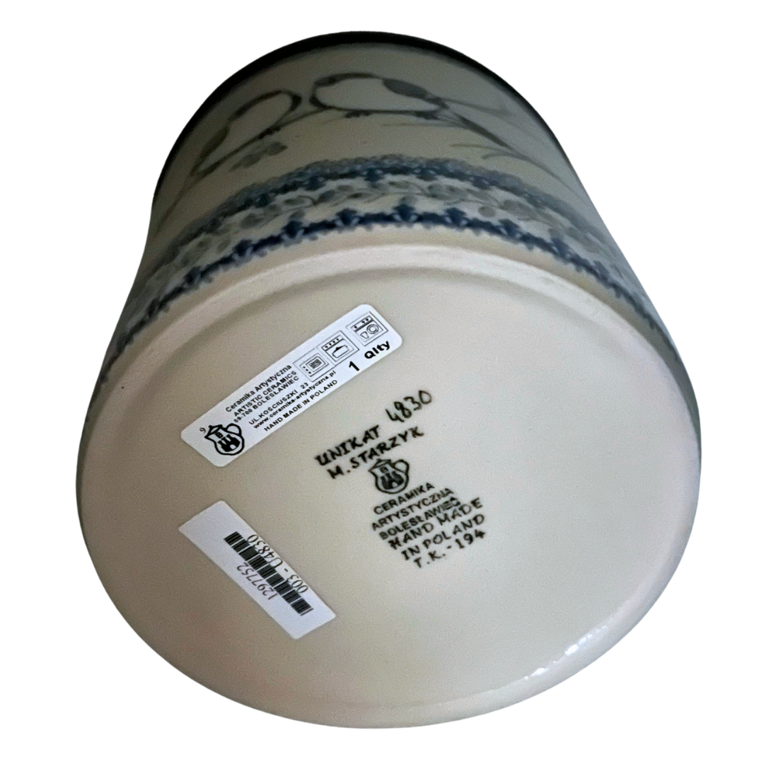 Handmade Polish pottery in pattern U4830 Bullfinch on Blue featuring delicate birds and classic cobalt designs. Durable, oven-safe stoneware from Poland.