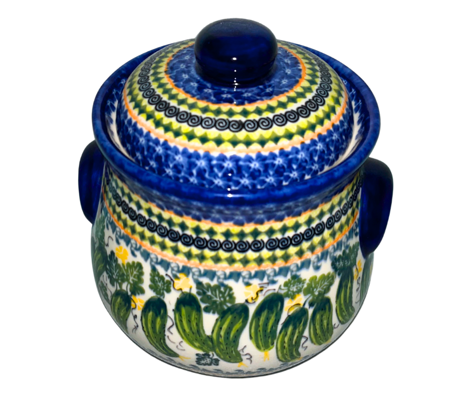 Kalich Polish Pottery 101 oz Pickle Jar – hand-painted cucumbers. Food-safe stoneware from Bolesławiec, perfect for pickling, storage, and home décor. Dishwasher safe.