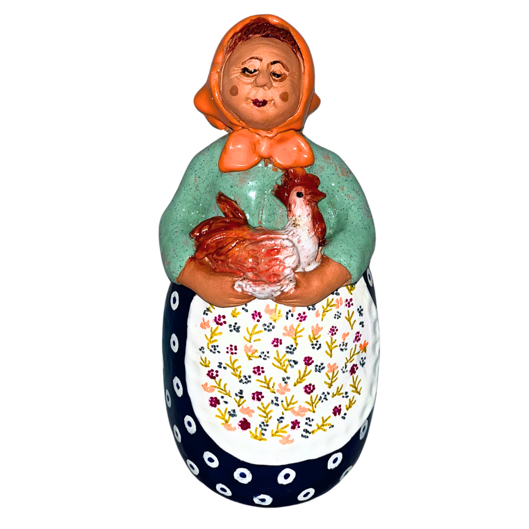 Hand-painted folk art babcia grannie figurine holding a rooster