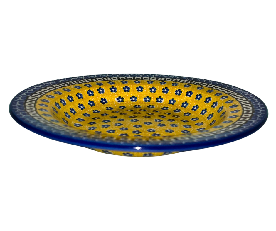 Ceramika Artystyczna Pattern 859X Sunburst Polish pottery featuring golden yellow and cobalt blue floral design. Handmade stoneware, dishwasher and microwave safe.