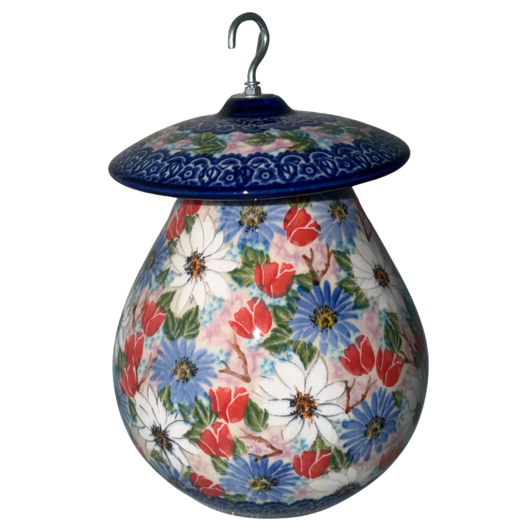 Ceramika Kalich Polish Pottery Birdhouse Bird Feeder with hand-painted white, red, blue and lavender garden flowers, handcrafted in Bolesławiec Poland.