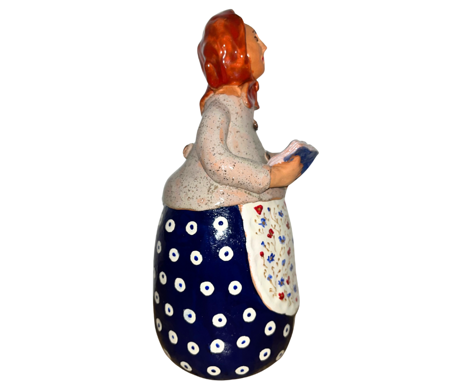 Handmade 12″ Polish Babcia figurine holding a book. Hand-painted ceramic collectible from Poland. Folk art décor.