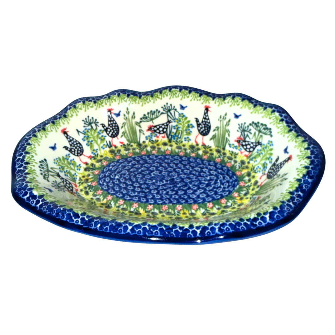 Ceramika Kalich Pattern 950 Polka Chicken Polish pottery with hand-painted hens and floral garden design. Authentic Bolesławiec stoneware, durable, dishwasher, microwave, and oven safe.