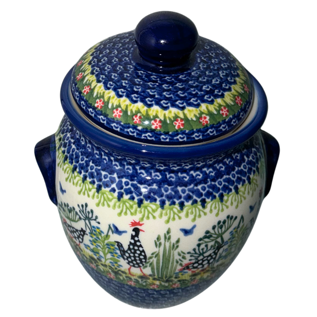Ceramika Kalich Pattern 950 Polka Chicken Polish pottery with hand-painted hens and floral garden design.