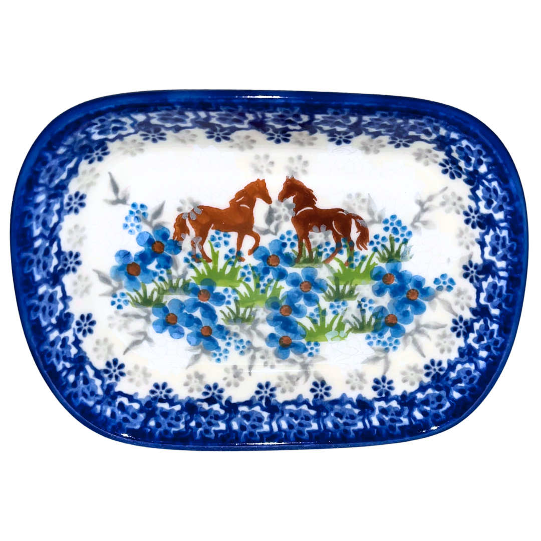 Ceramika Kalich Pattern 1311 features two horses among vibrant blue blossoms with a classic cobalt border. Hand-painted Polish pottery from Bolesławiec, Poland.