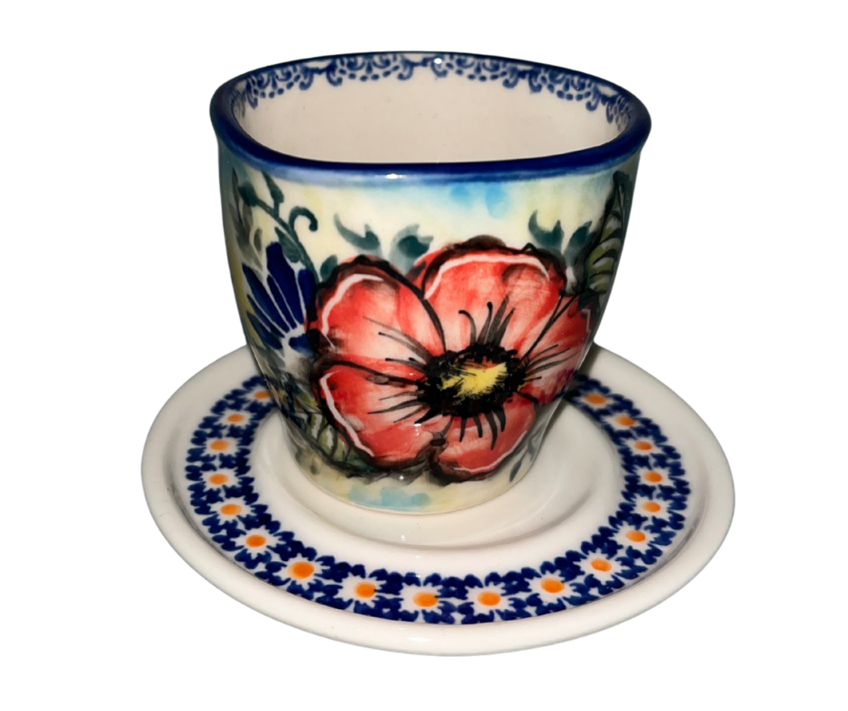 Limited edition 2 oz Kaola cup signed by Aga K with coordinating signed saucer, hand painted Polish pottery from Bolesławiec, 2025.