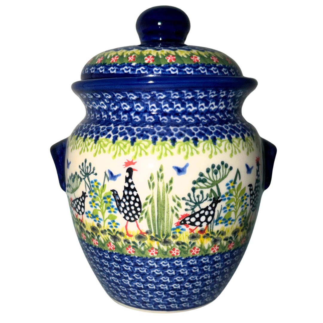 KALICH Polish Pottery Container Jar with Lid 1 Liter Polka Chicken 950