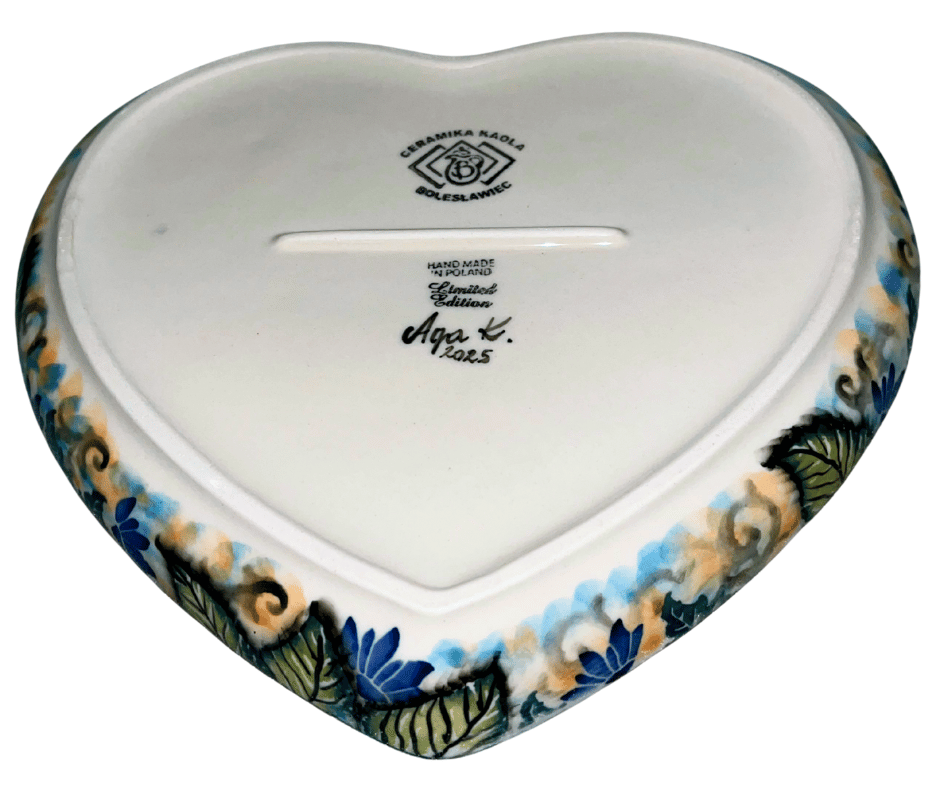 Limited Edition 2025 heart-shaped Polish pottery platter by Kaola Studio, signed by artist Aga K. Hand-painted florals in blue and yellow. Handmade in Poland.