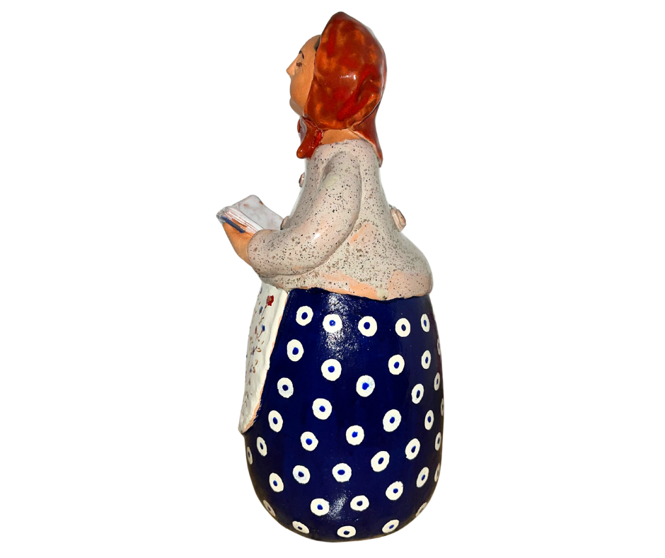 Handmade 12″ Polish Babcia figurine holding a book. Hand-painted ceramic collectible from Poland. Folk art décor.