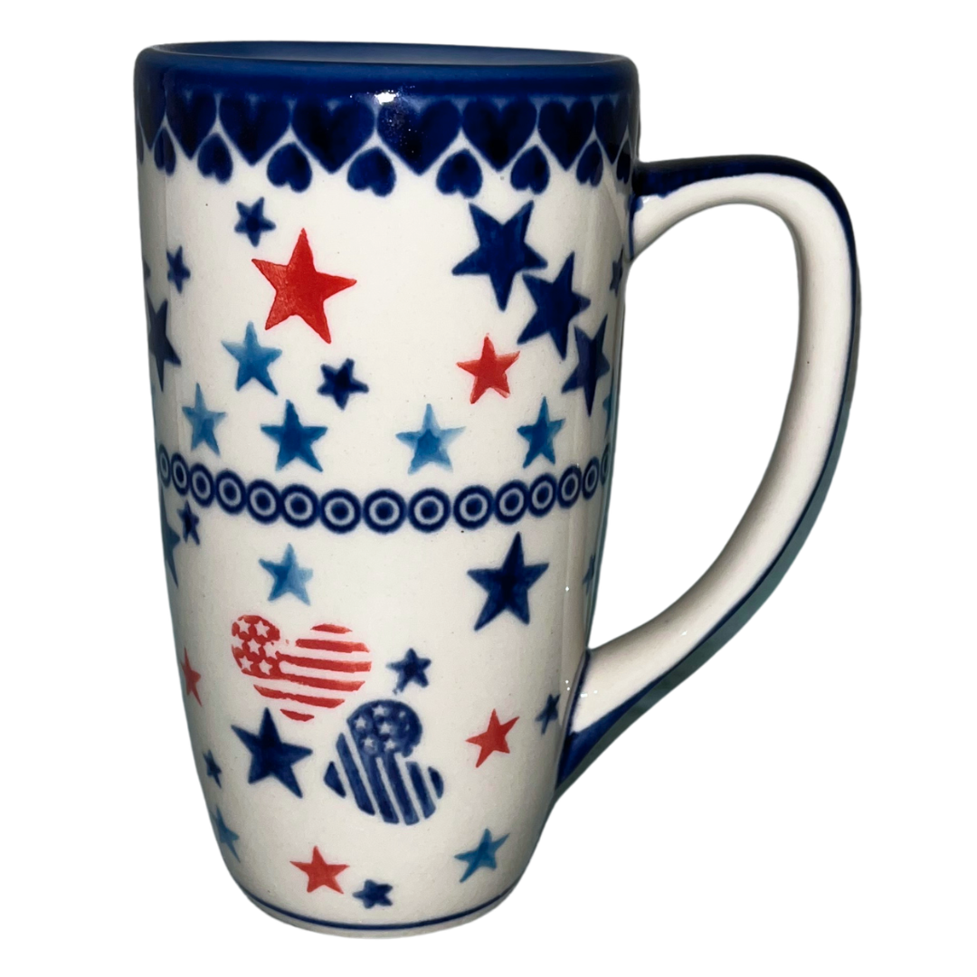 Ceramika Kalich Stars & Stripes features red, white and blue stars with patriotic heart motifs and cobalt accents. Hand-painted Polish pottery handcrafted in Poland.