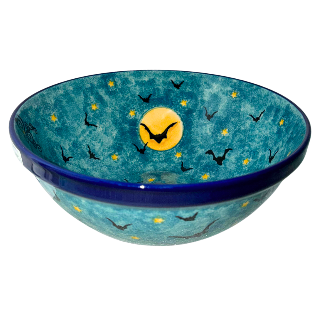Ceramika Artystyczna U5264 Polish Pottery bowl with flying bats, golden moon and stars on a turquoise blue night sky, handcrafted in Bolesławiec, Poland.