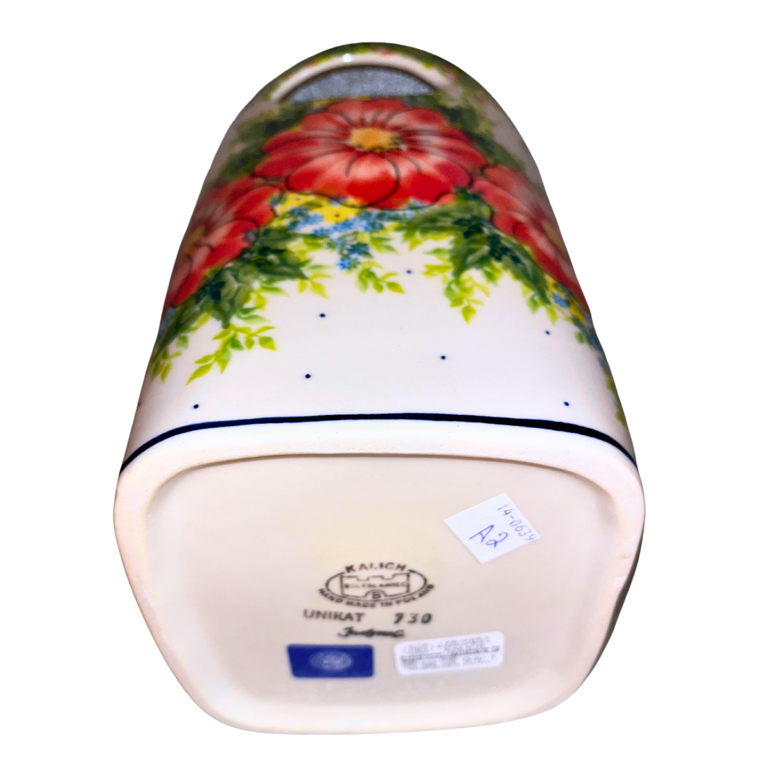 Kalich Polish Pottery Pattern 730 Red Poppy Garden, hand-painted red floral design with green foliage and cobalt accents, Bolesławiec stoneware, durable, dishwasher and microwave safe.
