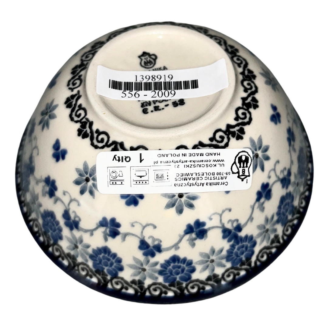 Ceramika Artystyczna 2009X Dragonfly features a blue dragonfly with delicate floral accents and intricate cobalt borders on cream; hand-painted airy blue-and-white design.