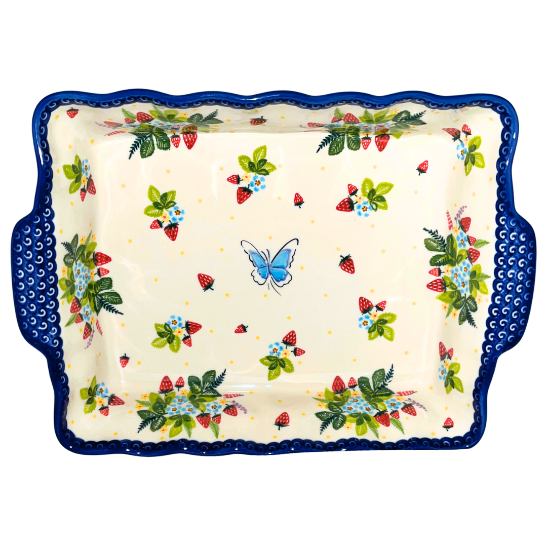 Ceramika Kalich Pattern 1085 Summer Strawberries Polish pottery with hand-painted strawberries, blossoms, and butterfly. Authentic Bolesławiec stoneware, dishwasher, microwave, and oven safe.
