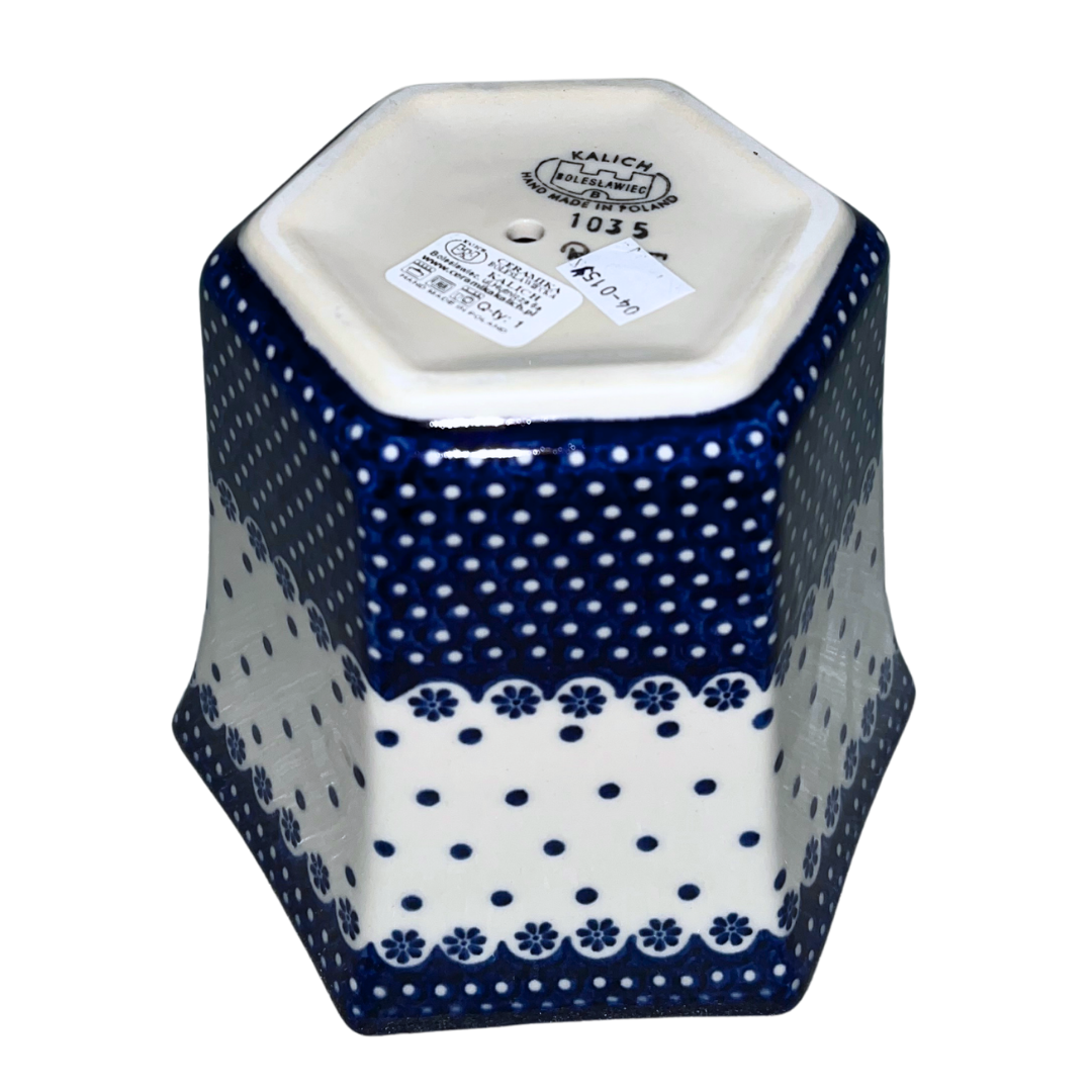 Ceramika Kalich Pattern 1035 Queen Anne’s Lace Polish pottery with classic cobalt dots and floral border. Authentic Bolesławiec stoneware, durable, dishwasher, microwave, and oven safe.