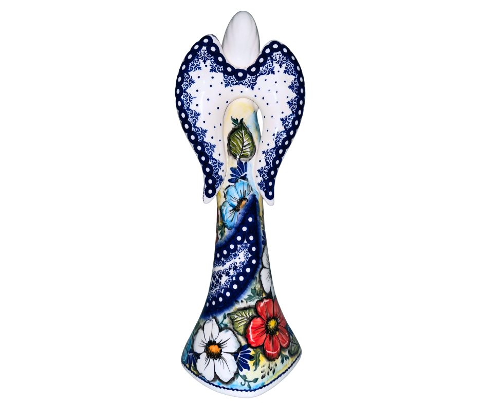 Handcrafted 12″ Kaola Polish Pottery angel with red, blue & white florals and a flowing mandala sash. Limited Edition 2025, hand-painted and signed by Aga K.