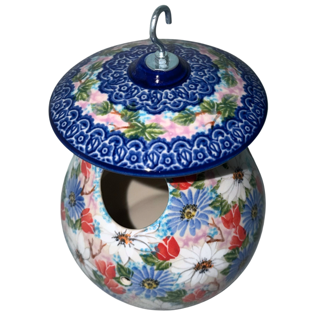 Ceramika Kalich Polish Pottery Birdhouse Bird Feeder with hand-painted white, red, blue and lavender garden flowers, handcrafted in Bolesławiec Poland.