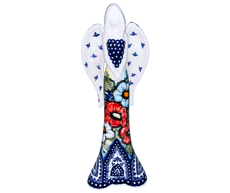 Kaola Studio Polish Pottery 12 inch Angel with Red Blue White Florals and Mandala. Limited Edition, Signed by Aga K. 2025