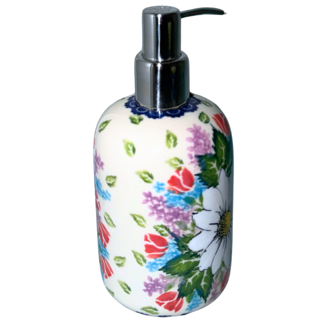 Ceramika Kalich Polish Pottery soap dispenser with hand-painted white, red, blue and lavender garden flowers, handcrafted in Bolesławiec Poland.