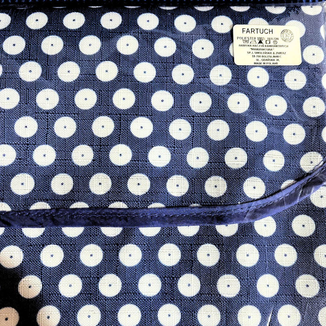 Apron. Made in Poland by Manufaktura. Traditional Blue with white dots. 100% polyester.