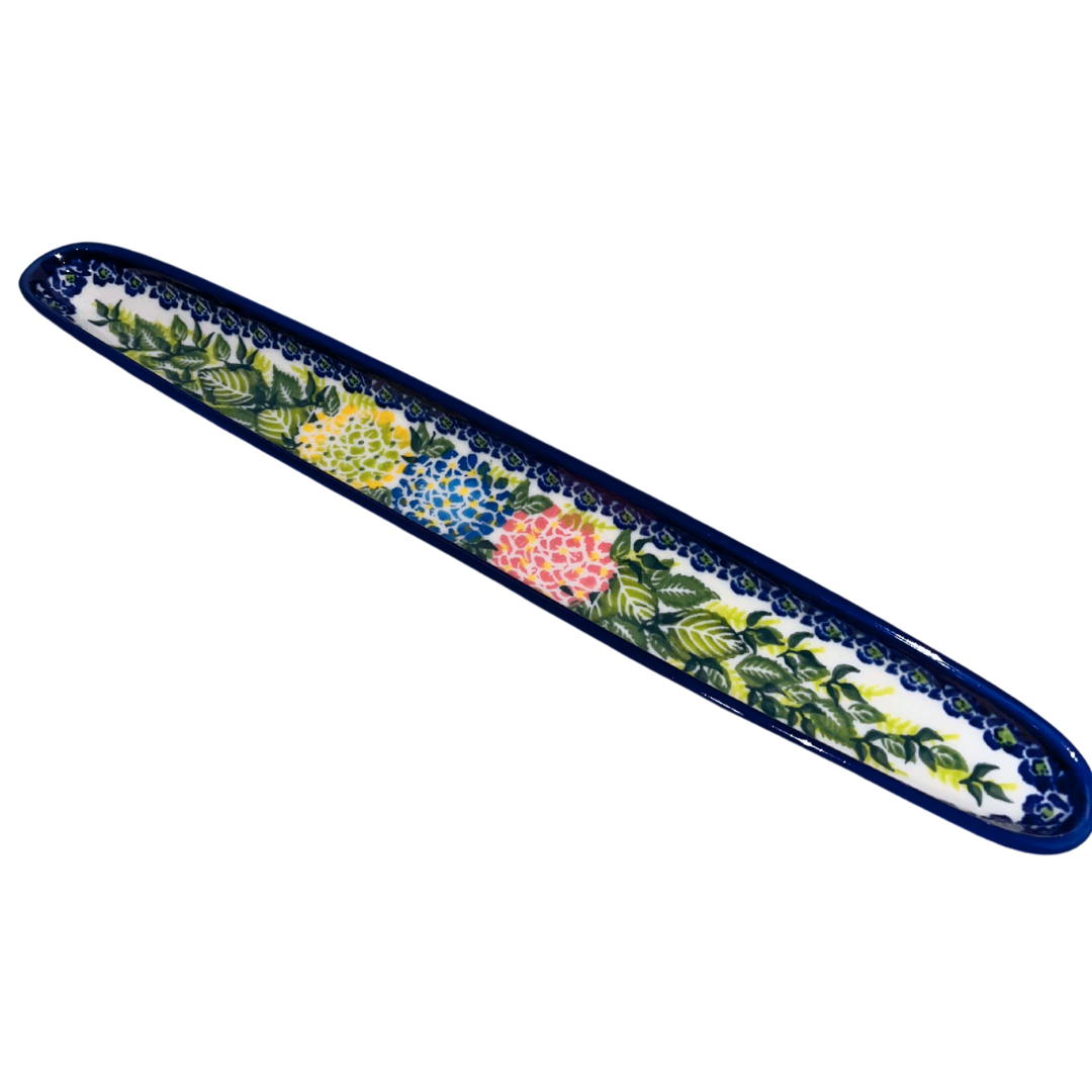 Ceramika Kalich Pattern 735 Wild Hydrangea Olive Boat. Hand-painted Polish pottery serving dish with cobalt blue border. Dishwasher and microwave safe stoneware.