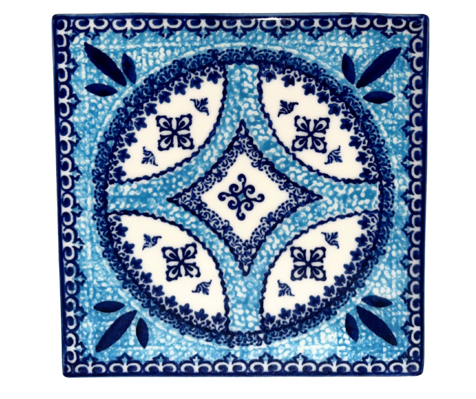 Kaola Studio Polish Pottery 6x6x.25 inch Ceramic Tile. Hand painted Cobalt and Aqua Mandala.