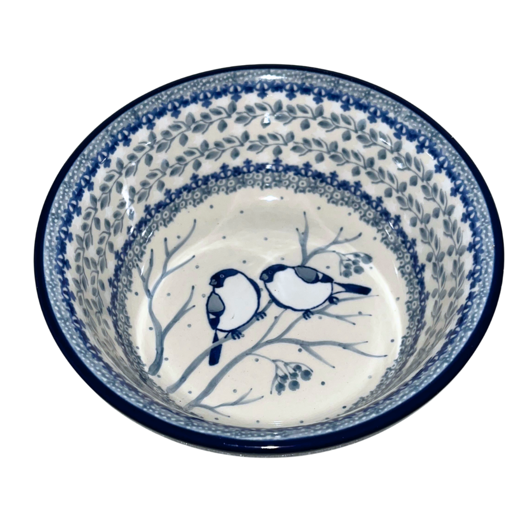 Handmade Polish pottery in pattern U4830 Bullfinch on Blue featuring delicate birds and classic cobalt designs. Durable, oven-safe stoneware from Poland.