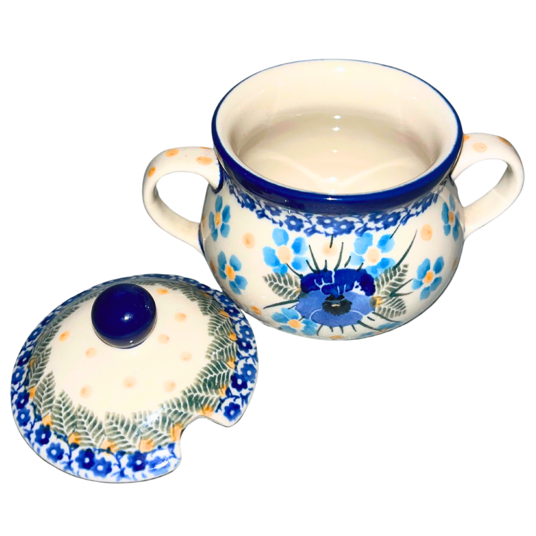 Ceramika Artystyczna Polish Pottery 2276x Blue Dreams pattern, soft blue floral with fern accents and cobalt border, hand-painted Bolesławiec stoneware, elegant and serene design.