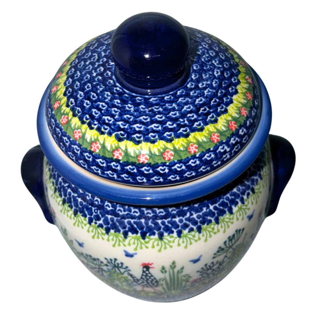 Ceramika Kalich Pattern 950 Polka Chicken Polish pottery with hand-painted hens and floral garden design.