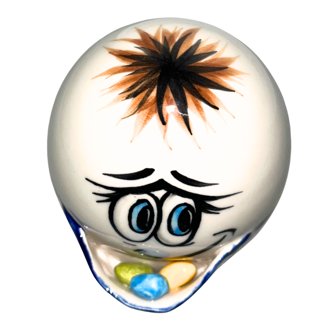 Handcrafted Kaola Studio 5" ceramic egg with apron and eggs, hand-painted, limited edition, signed A. Pachom 2025. Whimsical collectible décor.