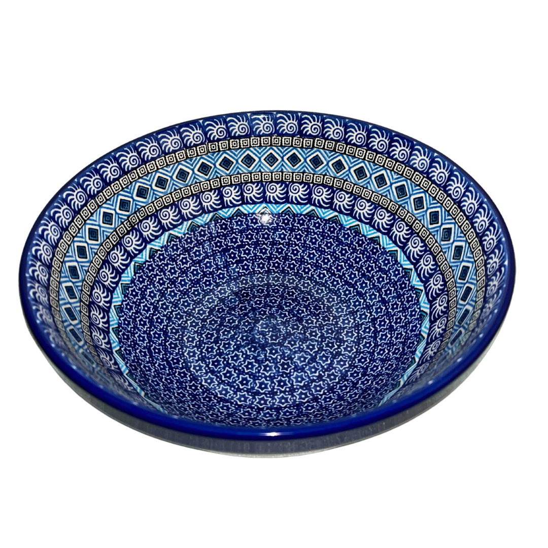 Ceramika Artystyczna 1917X Aztec Sky features geometric blue, white, and black bands with diamond and spiral motifs; hand-painted modern Polish pottery design with bold symmetry.