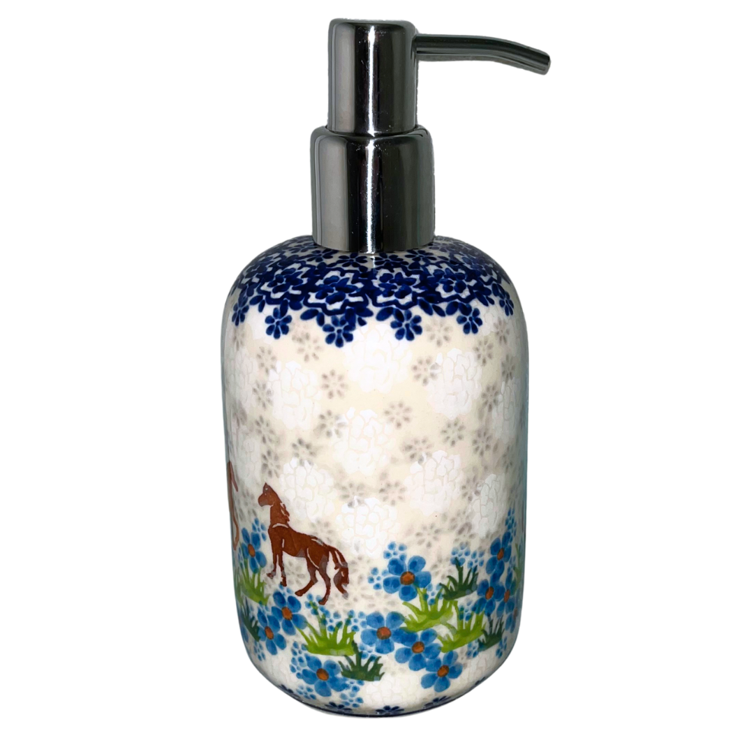 Ceramika Kalich Pattern 1311 features two horses among vibrant blue blossoms with a classic cobalt border. Hand-painted Polish pottery from Bolesławiec, Poland.