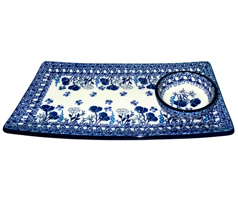 Ceramika Artystyczna 2902X Polish Pottery Sushi Set - Plate & 3.5 inch Bowl. Evening Poppy.