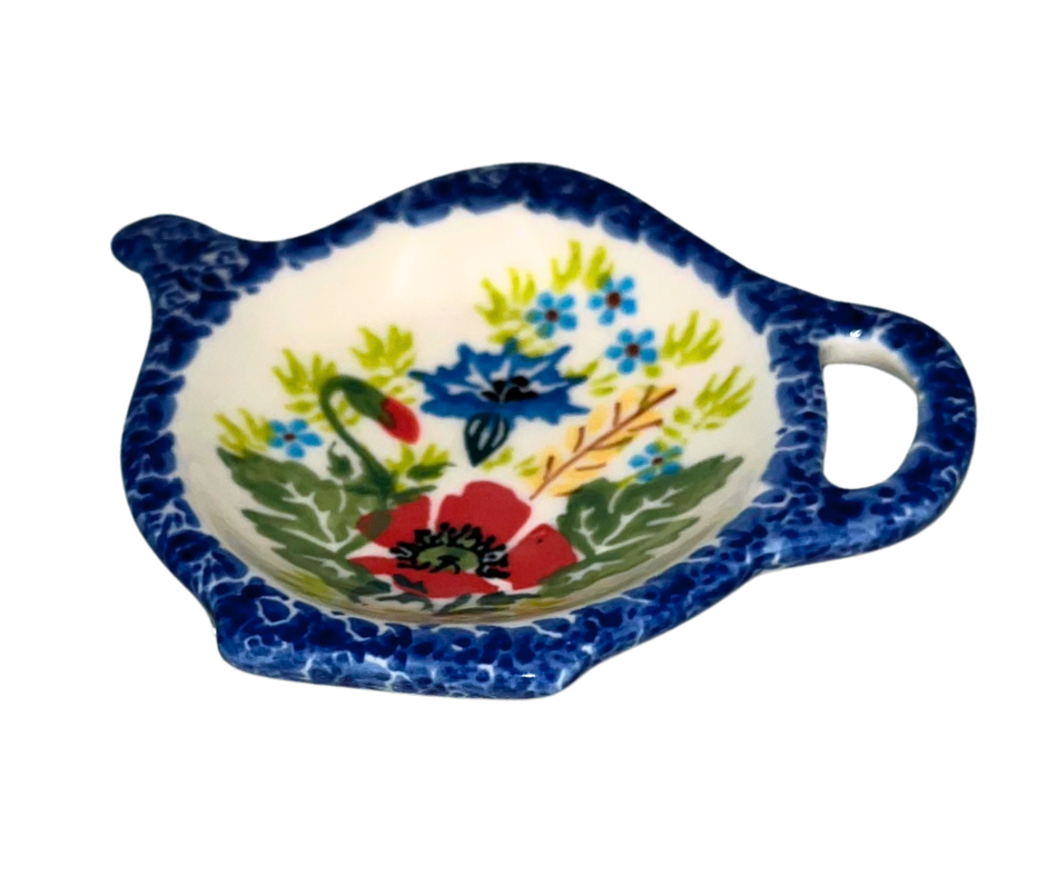 Hand-painted Polish pottery in Kalich Pattern 891 featuring vibrant poppies, blue flowers, and cobalt trim. Durable stoneware for everyday use.