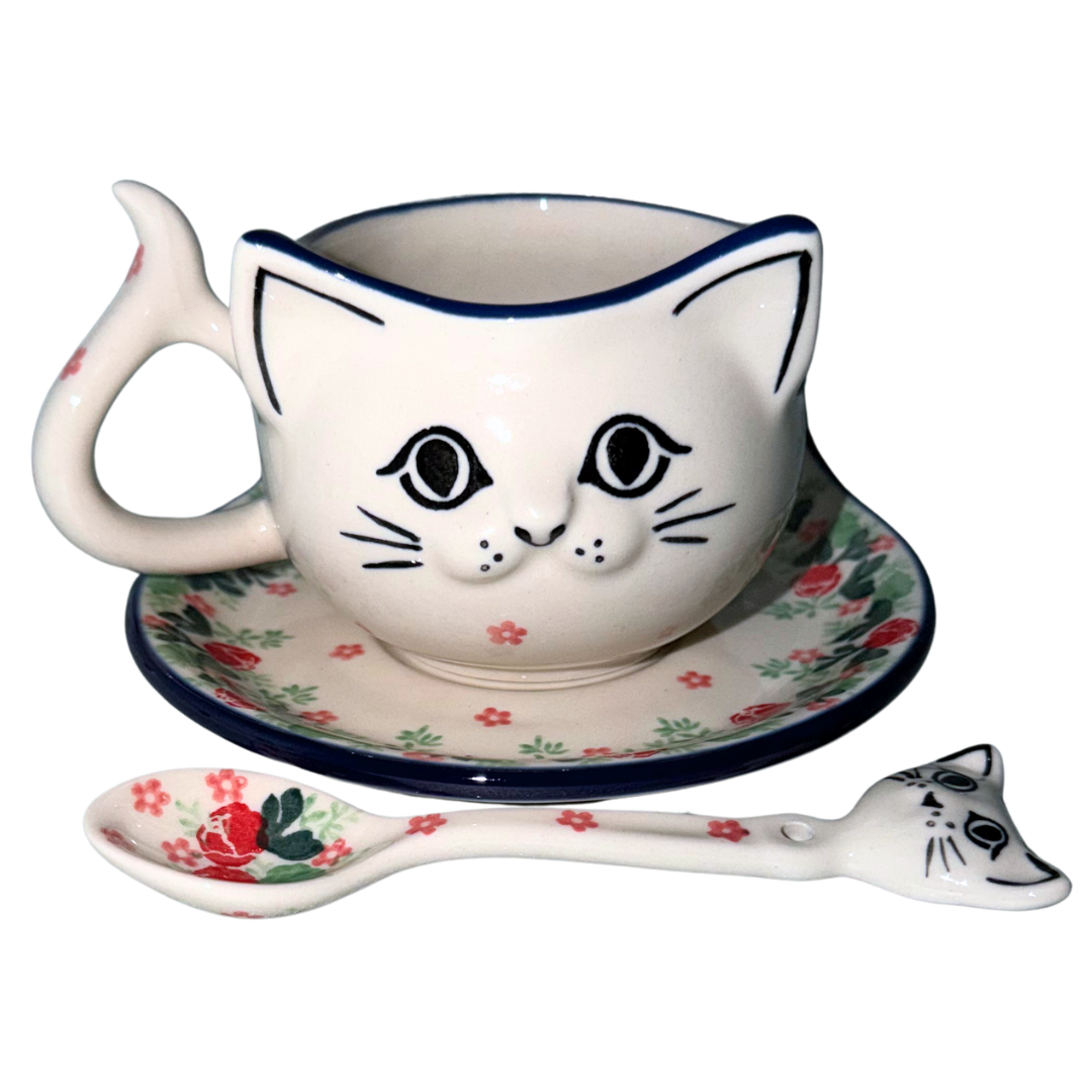 Ceramika Artystyczna Polish Pottery 3234x Red Hot Poppy Kitty Cup, Saucer and & Spoon Set