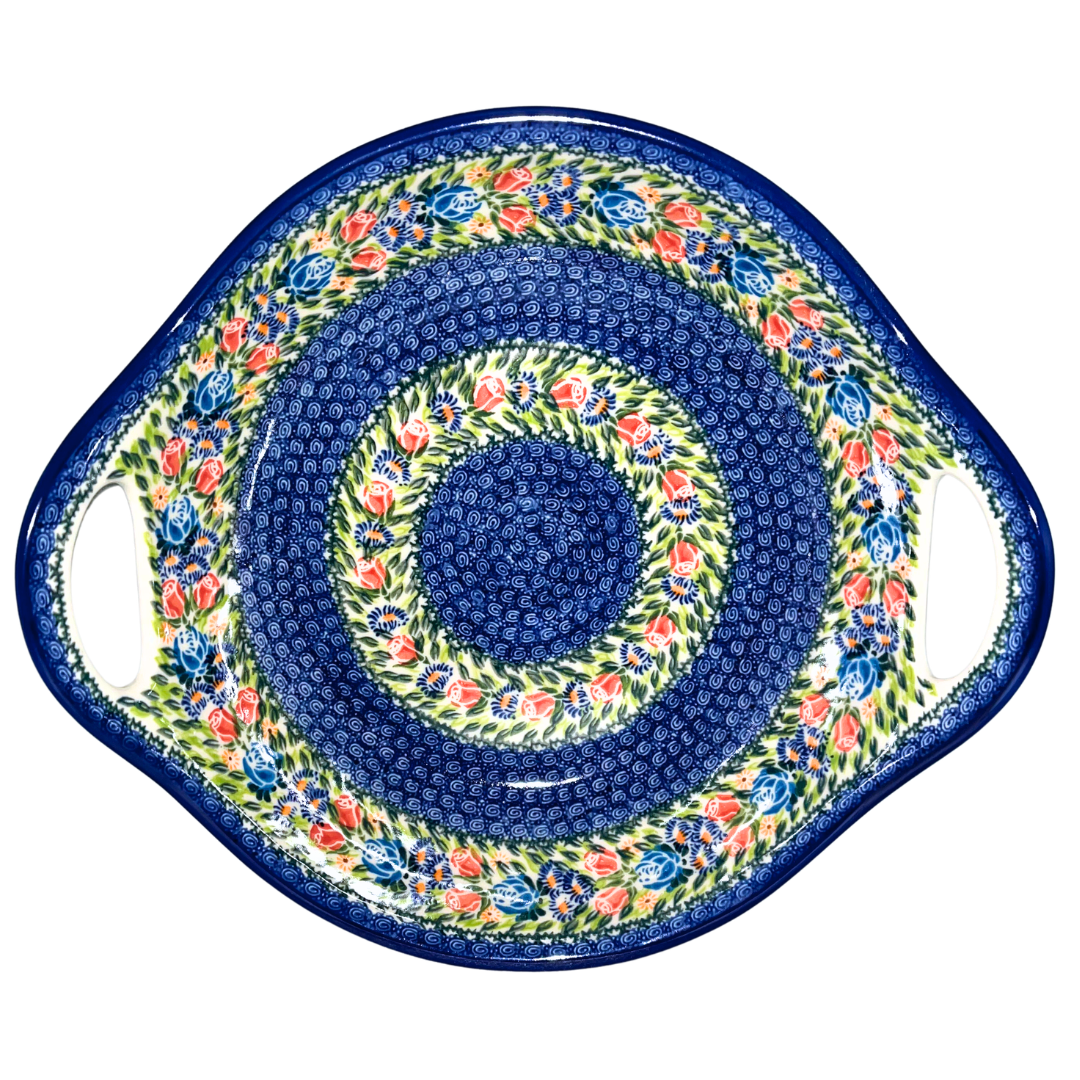 Handcrafted Ceramika Kalich Pattern 297 Small Roses Polish Pottery featuring delicate roses and cobalt accents. Oven, microwave, and dishwasher safe.